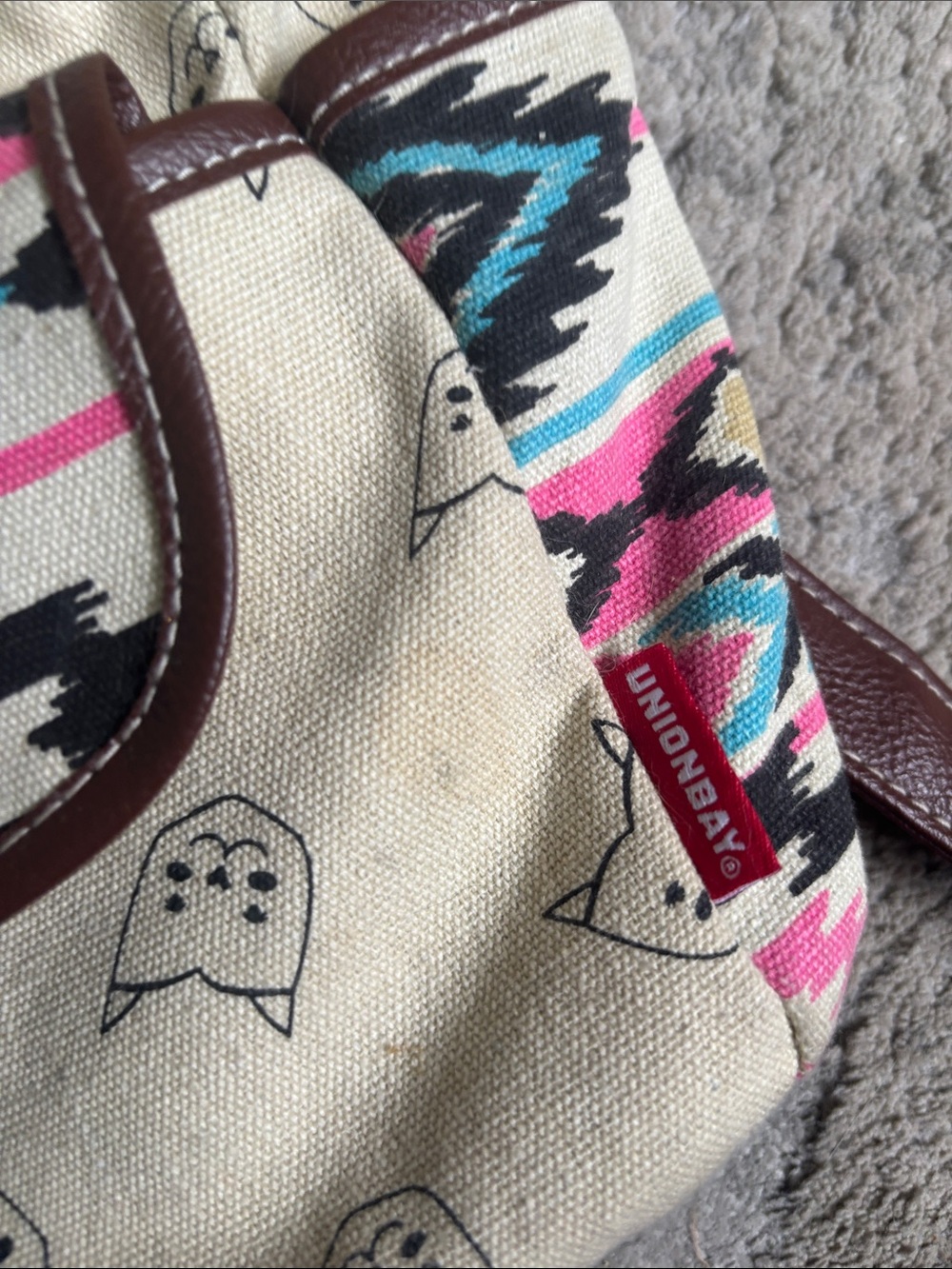 UNIONBAY Cream Canvas Backpack with Pink & Teal Aztec Trim - Picture 3 of 5